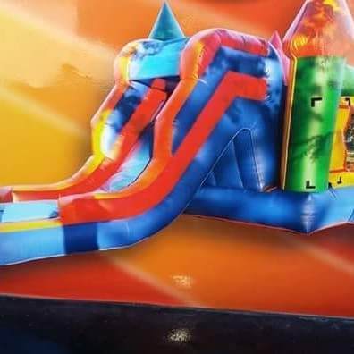 Large combo unit with a long double slide, inflated indoors before delivery