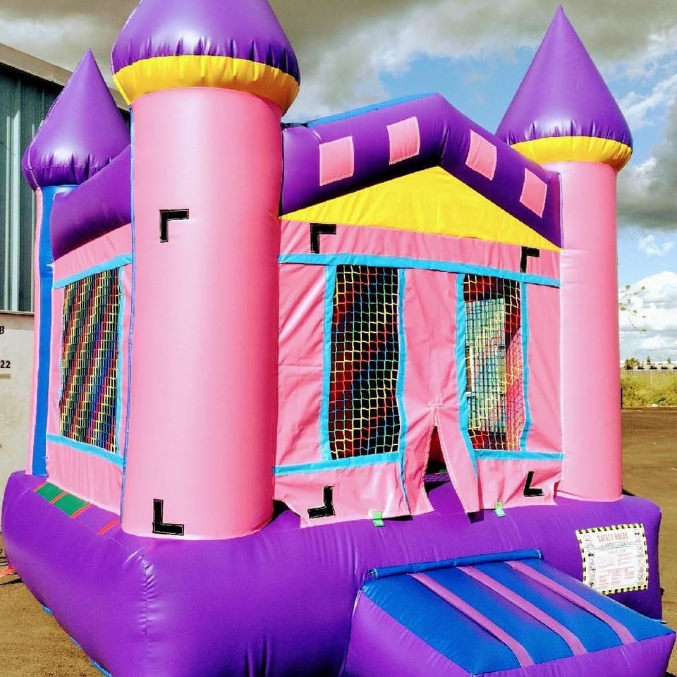 Pink and purple princess castle bounce house with a slide, set up on a tarp